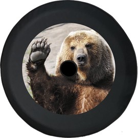 Funny Spare Tire Wheel Cover for Camper SUV Trailer Truck RV JP Thick PVC Leather | Brown Bear Waving Black 33 Inch with Backup Camera Hole