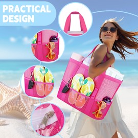 CIYIN Mesh Beach Bag, Large Beach Bag, XXL Family, Shopper Women's Large Swimming Bag with Waterproof Bag, Lightweight Beach Bag for Swimming Pool, Holiday & Beach (43 x 21 x 39 cm), pink
