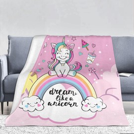 PAAHRYI Children's Cuddly Blanket Pink Unicorn 150 x 200 cm, Cuddly Blanket Unicorn Girls, Rainbow Clouds Horse Print Flannel Fleece Blanket for Couch Living (150 x 200 cm, B)