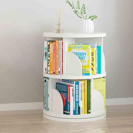 Hbluefat Rotating Bookshelf, 2-Tier Revolving 360 Display Wood Bookcase, Small Round Swivel Standing Book Shelf Tower for for Bedroom, Living Room, Study Room (White1)