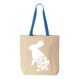 shop4ever Floral Easter Bunny Rabbit with Spring Flowers Cotton Canvas Tote Reusable Shopping Bag Royal Blue HANDLE 1