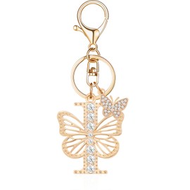 OKAICEN Gold Plated Butterfly Crystal Alphabet Initial Letter Keyring Keychain for Women Girls Key Chains for Wallet Backpack - I