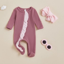 Aiwpstoin Newborn Baby Girl Clothes Waffle Footie Romper Long Sleeve Ruffle Zipper Jumpsuit Headband Coming Home Outfit (Rose Pink, 6-12 Months)