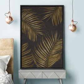SIGNFORD Framed Canvas Print Wall Art Gold Black Tropical Palm Leaf Collage Nature Floral Illustrations Modern Decorative Multicolor Relax/Calm Chic for Living Room, Bedroom, Office - 24x36 Black