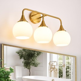 ZHUOER Modern Gold Bathroom Vanity Lights 3-Light Bathroom Light Fixtures Over Mirror with Milk White Glass Shade Modern Wall Sconce Lighting Bath Vanity Lights (Exclude E26 Bulb)
