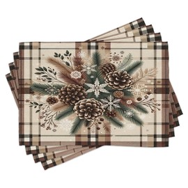 ABAKUHAUS Place Mats, Christmas Cones Ornament Art, Washable Fabric, Digital Print, Dining Room & Kitchen Table Decoration, Cocoa Brown / Sage Green