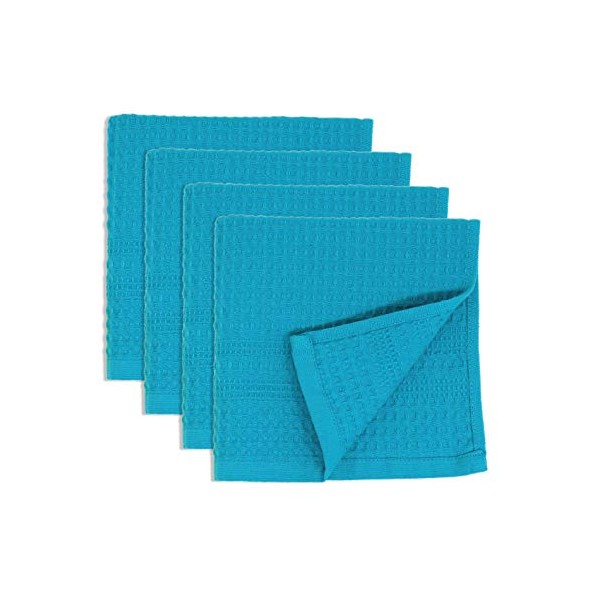Premium 4 Pc Waffle Weave Washcloth Set 100% Natural Cotton Quick Dry Soft Luxurious Highly Absorbent Fabric Small Face Towel No Lint Fade Resistant Color (Aqua)