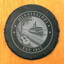 Mississippi River Steamboat Coasters Set of 8 - Vintage Paddle Wheel Boat with Guitar Scene - Rustic Gray Natural Slate Drink Coasters - Handcrafted USA Made Housewarming Gift for River Boat Lovers