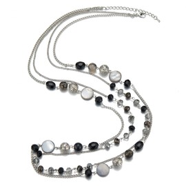 Noessla Layered Long Necklaces for Women Crystal Beaded Statement Necklace Sweater Silver Chain with Gifts Box Jewelry(Black)