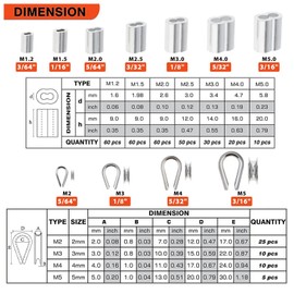 340pcs Wire Rope Cable Thimbles Aluminum Crimping Loop Sleeve Assortment Kit Cable Ferrules 3/64'' 1/16'' 5/64'' 3/32'' 1/8'' 5/32'' 3/16'' for 304 Stainless Steel Cable Crimps Thimble Rigging