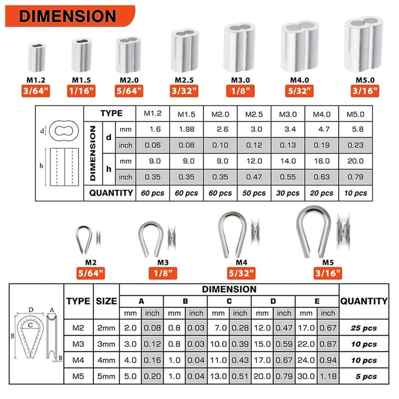 340pcs Wire Rope Cable Thimbles Aluminum Crimping Loop Sleeve Assortment
