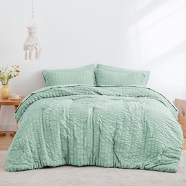 Love's cabin Seersucker Light Green 7 Pieces Comforter Set Full, All Season Bedding Set, Full Bed in a Bag Comforter Set with Comforter, Flat Sheet, Fitted Sheet, Pillowcase and Pillow Sham