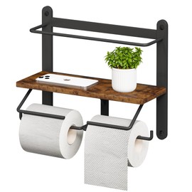 Homeiju Double Toilet Paper Holder with Shelf, Wooden Wall-Mounted Toilet Paper Roll Holder, Wall-Mounted Bathroom Organizer, Double Roll, Suitable for Bathrooms (Rustic Brown)