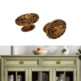 Elistonie 2 Pack Vintage Style Cabinet Handles with Art Pattern Oval Knobs Zinc Alloy Cupboard Knobs (Red Copper, Single Hole)
