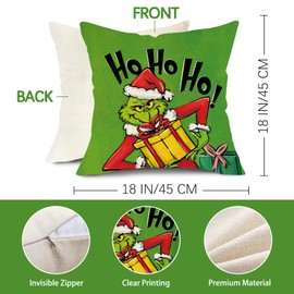 Fjfz Merry Christmas Decorative Throw Pillow Covers 18x18 Set of 4, Hohoho Xmas Gift Wreath Santa Hat Green Black Porch Outdoor Home Decor, Stink Stank Stunk Winter Holiday Decorations Cushion Case
