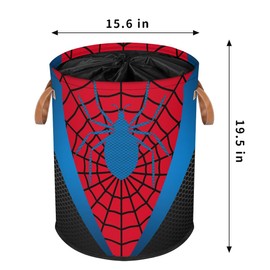 Large Laundry Hamper Basket with Lid, Round Collapsible Storage Organizer Bin for Kids Room, Boys, Nursery, Closet, Bedroom, Playroom, Toys, Dirty Clothes, 16"W x 20"H Red and Blue Spider Web