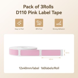 NIIMBOT Label Maker Tape for D11/D110/D101 Label Maker, 12 x 40 mm 160 Tapes/Roll, 3 Rolls, Thermal Label Tape for Home Office Labeling Tape Replacement, Pink