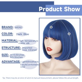 WERD Short Blue Bob Wig with Bangs,Straight Bob Blue Coraline Wig for Women, Dark Blue Short Bangs Wig Synthetic Natural Looking for Party