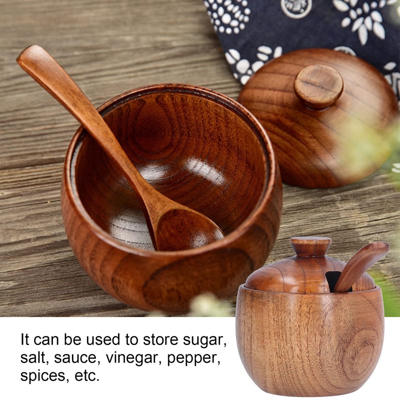Wooden Salt and Pepper Bowls, Seasoning Container with Lid and