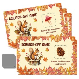 THEBESTU 50 Pcs Autumn Theme Scratch off Game Cards with Squirrel, Mushroom & Pinecone Designs, Vintage Pinecone Squirrel Scratch Card for Baby Shower Birthday Party, Family Activity, Group Games