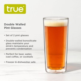 True Double Walled Beer Glasses - Insulated Pint Glasses - Double Wall Glasses - Beer Mugs Clear 16oz Set of 2