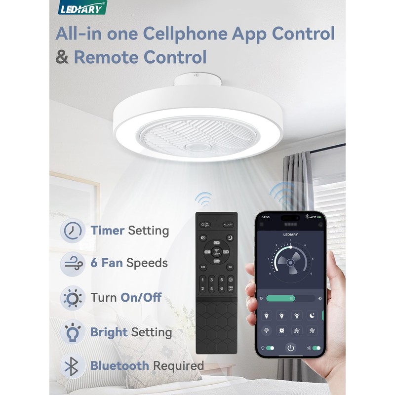 LEDIARY 22in Enclosed Ceiling Fan with Light and Remote, White