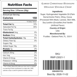 Fruidles Large Christmas Rudolph Holiday Double Crisp Treats, Solid Smooth Milk Chocolate, Party Bag Fillers, Individually Wrapped Foils, 3oz (3-Pack)