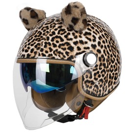 QUICKOOL Vintage Glossy PU Leather 3/4 Motorcycle Helmet, DOT Certified Open Face Helmets with Dual Visor,Half Face Moped Helmet for Cruiser Scooter (Style A-Long Lens,S)