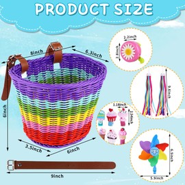 Kids Bike Basket,Rainbow Handwoven Bike Basket Front for Girls,Detachable Bicycle Accessories for Kids with Colorful Bike Streamers,Bell,Bicycle Windmill,Bicycle Wheel Beads