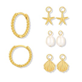 MYCUTEY Gold Huggie Hoop Earrings With Charm Set For Women Small Hoop With Interchangable Shell Starfish Pearl Charms Summer Beach Mix And Match Earring Pack
