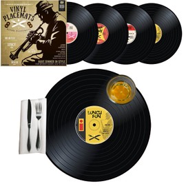 MikaMax - Vinyl Placemats - Round Record Placemats - Table Decoration - 3mm Thick Retro Set of 4 - Nostalgic Records - Black - Strong and Durable Table Protector
