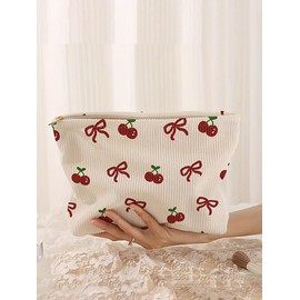 Cherry & Bow Pattern Makeup Bag, Lightweight Multi-functional Fashion Makeup Bag, Casual Travel Makeup Bag, Suitable for Leisure Travel and Various Occasions - Color: Multicolor, Size: one-size