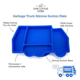 Our Little Cubs Garbage Truck Kids Plate Suction for Baby and Toddler - Kids Plates - Divided Toddler Dinnerware Set Construction Microwave Dishwasher Safe - Blue