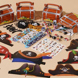 Vanblue 144Pcs Pirate Party Favors Birthday Party Decorations Supplies Pirate Eye Patch Mustache Goodie Bags Stuffers Pinata Filler Classroom Prizes Treasure Boxes for Kids Boys