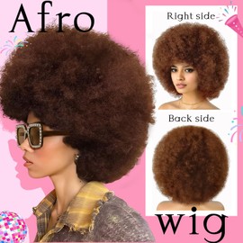 WOKNOW Colored Afro Wigs for Women Men 70s and Disco Sunglasses Set, Funny Wig with Curly Bouncy Huge Fluffy Puff and Oversize Retro Rhinestone Sunglasses - for Costume Cosplay Party (Brown)