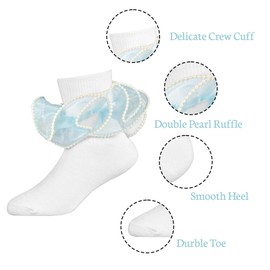 WBZOTSS 3 Pairs Toddler Ruffle Socks Cute Pearls Lace Double Frills Socks for Little Girls Dress and Daily Match (US, Age, 8 Years, 10 Years, white/pink/blue-3 Pairs)