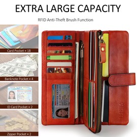 Women's RFID Blocking Clasp Wallet Vintage Hand Rubbing Wallets Organizer (Red)