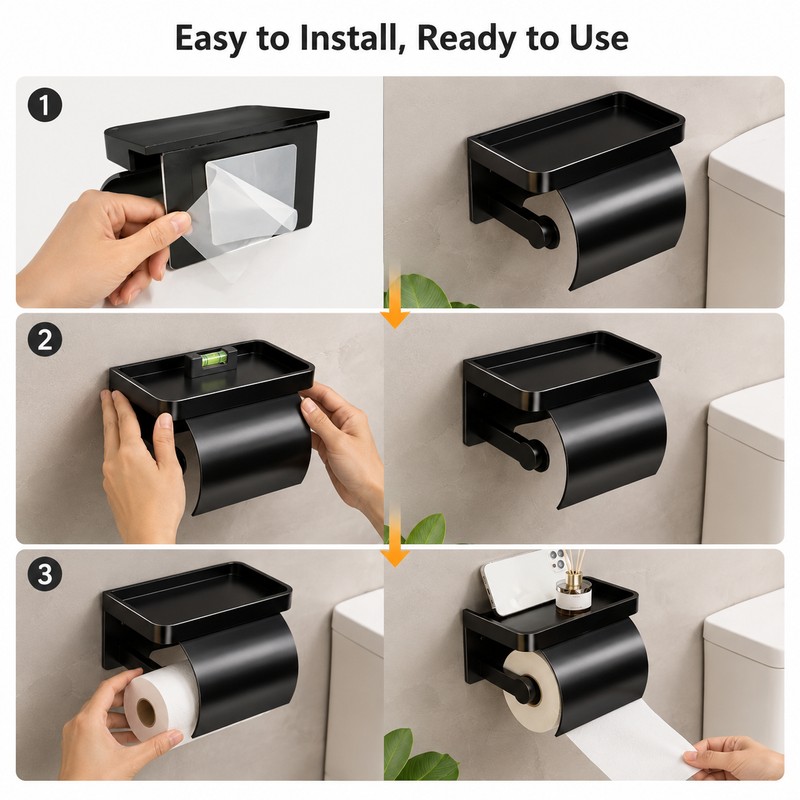 Toilet Paper Holder for Bathroom - Self-Adhesive Ventilated Wall Mount