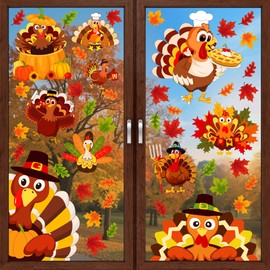 Thanksgiving Decorations Window Clings, 4 Sheets Large Size Thanksgiving Autumn Decals with Turkey Maple Leaves, Removable Window Stickers Fall Decor for Home School Shop Office Party Supplies