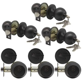 Round Ball Entry Door Knob and Single Cylinder Deadbolt Combination Locksets,Oil Rubbed Bronze Finished, Keyed Alike Entrance Door Locks,Universal for Right and Left Handed Doors,3Pack