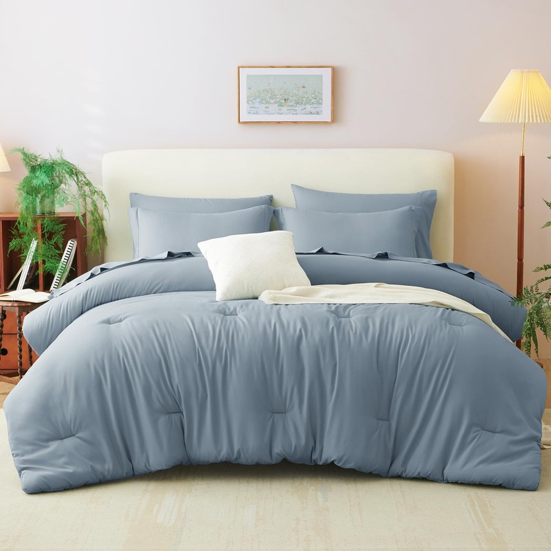 CozyLux King Size Comforter Set Grayish Blue, 7 Pieces Bed