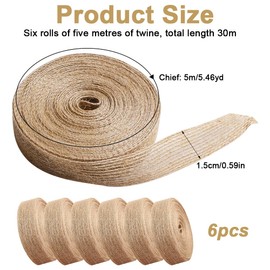 6 Rolls of Hessian Ribbons, Natural, Jute Ribbon Roll, 1.5 cm, Fine, Vintage Decorative Ribbon, Jute, Wide Decorative Ribbon, Burlap Ribbon for Gift, Wedding, Dining Table, Bouquet Decoration (30 m)