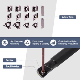 Donken Drehmeißel mit Wendeplatten, 28er Drehwerkzeughalter Set Inhalt 7 Stk. 10 mm Schaft-Bohrstangenhalter, 14 Stk. Hartmetall-Wendeschneidplatten, 7 Stk. T8 Schraubenschlüssel (10 mm)
