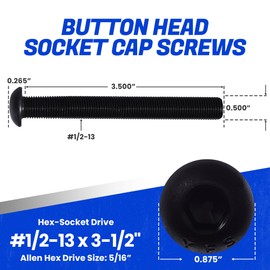 Fastenere Button Head Socket Cap Screws - 1/2-13 x 3-1/2" (5-Pcs) Alloy Steel, Fully Threaded, Fine Black Oxide Finish, Corrosion-Resistant, Machine Thread, Easy to Install w/Allen Hex Drive