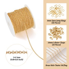 PH PandaHall 14K Gold Plated Rolo Chains 16.4 Feet Brass Oval Link Chains Soldered Golden Jewelry Chains with Jump Rings Lobster Claw Clasps for Bracelet Necklace Jewelry Making