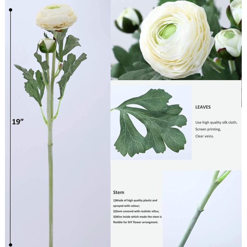 Artificial Ranunculus Flowers with Real Touch Stem, Silk Ranunculus Flowers
