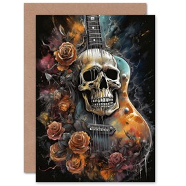Artery8 Guitar With Roses and Skull Thrash Metal Gothic for Him or Her Man Woman Birthday Thank You Congratulations Blank Art Greeting Card