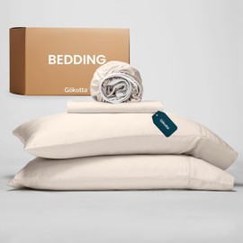 GOKOTTA King Size Bed Sheets 4 Piece Set, 100% Rayon Derived from Bamboo, Cooling for Hot Sleepers-Luxury Breathable Soft Sheets, Deep Pocket 16" Fitted Sheet with Elastic Corner Straps, Light Beige