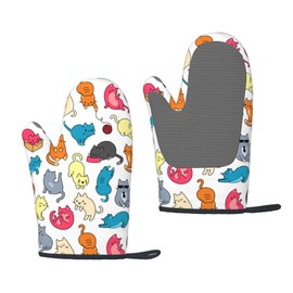 Cute Cat Oven Mitts 2pcs Set, Kitchen Grill Glove Heat Resistant Oven Mitts with Non-Slip Silicone Surface for Cooking