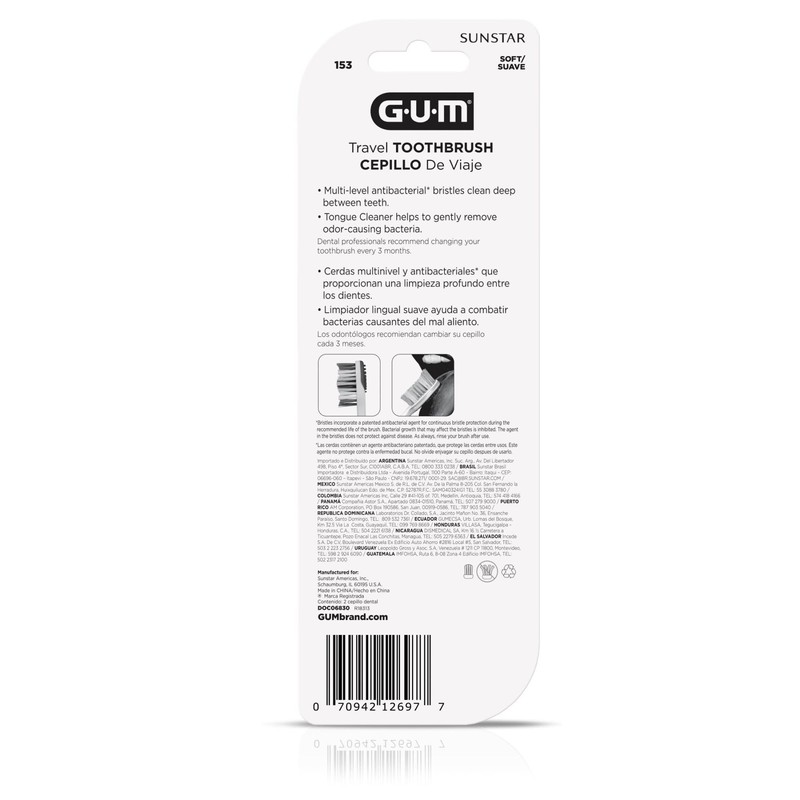 GUM Folding Travel Toothbrush, Compact Head + Tongue Cleaner, Soft